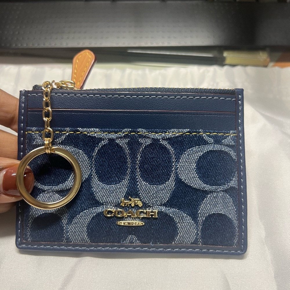 COACH Navy Denim Signature Card Case with Gold Key Ring